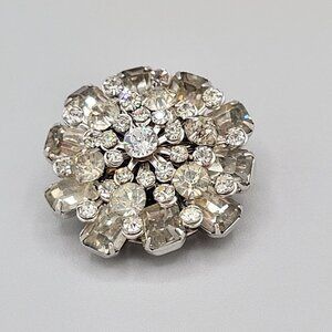 Large Rhinestone Crystal Flower Brooch Pin Prong Set Silver Tone Vintage